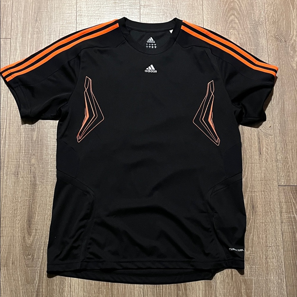 Men’s Adidas Black Athletic Tee with Orange Stripe Detail Size L